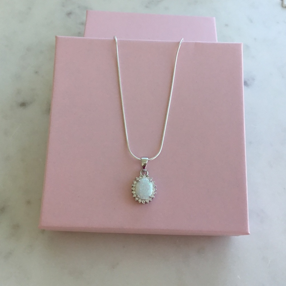 Sterling Silver Lab Created Opal and Cz Necklace - Picture 11 of 16